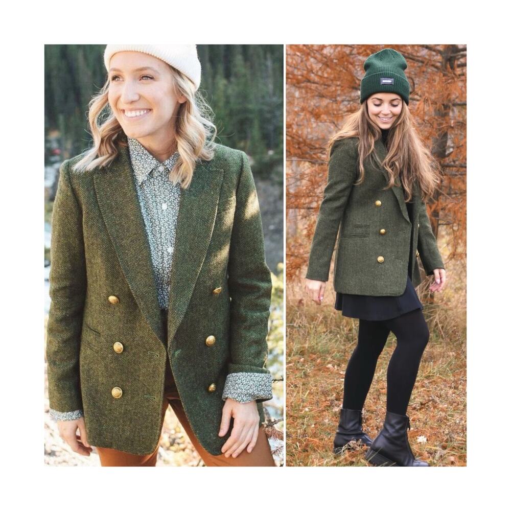 J.Crew Bristol Blazer Jacket Double Breasted Herringbone Wool Green Size 8